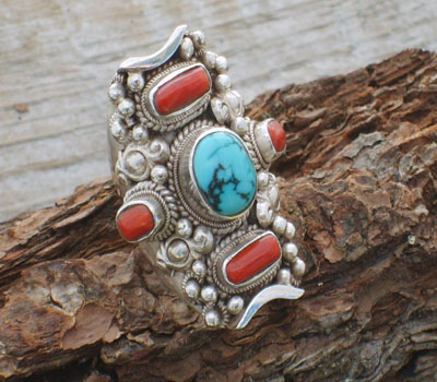 Tibetan Ring Turquoise and Coral  - sz 9.5